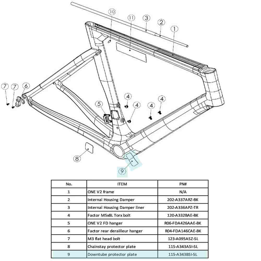 FACTOR(ファクター)ONE V2(ワンブイツー)フレーム用Downtube Protector Plate(ダウンチューブプロテクタープレート)(Rim&Disc Brake/#115-A343BSI-SL)